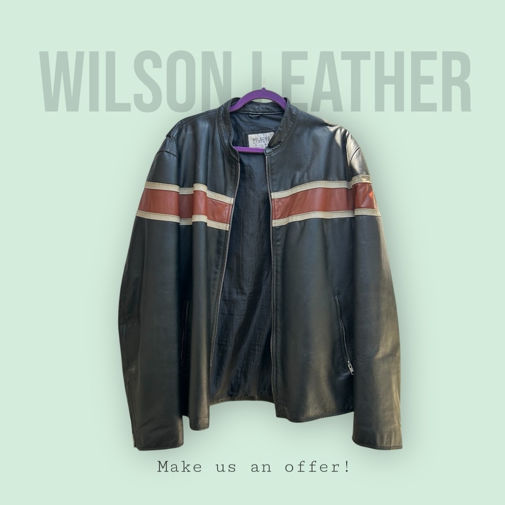 Wilsons XL Men’s Leather Black Biker Jacket with Classic Red and White Stripes